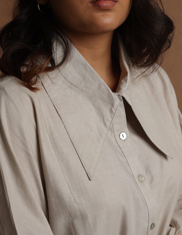 Reepeat - Burnt grey Cotton hemp accentuated collared flare shirt