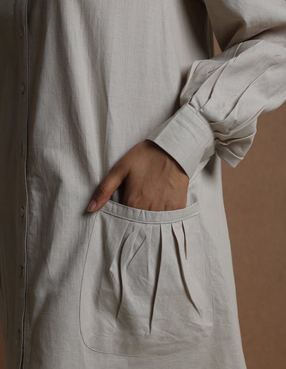 Reepeat - Burnt grey Cotton hemp accentuated collared flare shirt