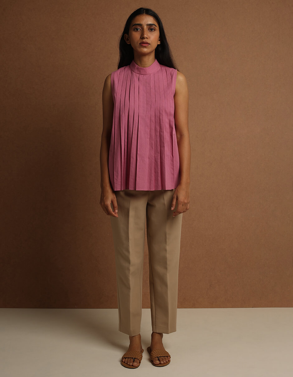 Reepeat - Cherry Pink Pleated Sleeveless Top (1) Reepeat - Cherry Pink Pleated Sleeveless Top