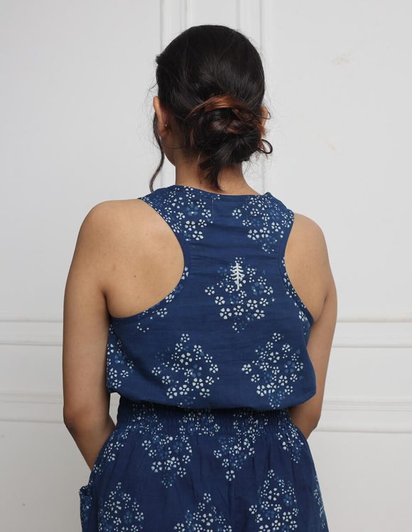 Reepeat - Hand block printed Indigo short Jump Suit with Razor back