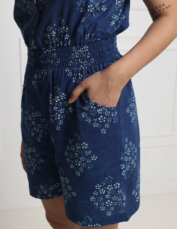 Reepeat - Hand block printed Indigo short Jump Suit with Razor back