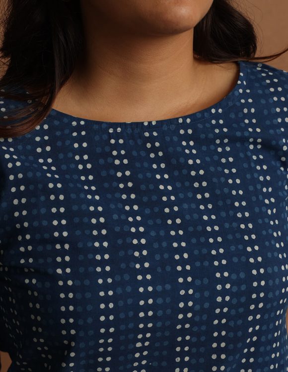 Reepeat - Indigo Cotton hand block printed dress with a centre back slit