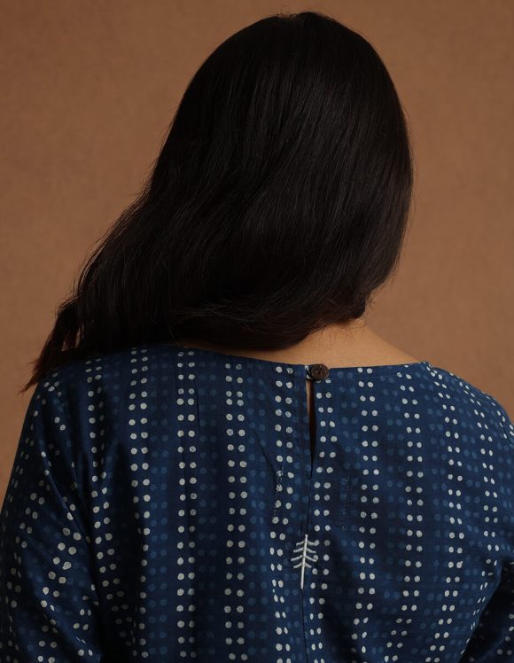 Reepeat - Indigo Cotton hand block printed dress with a centre back slit