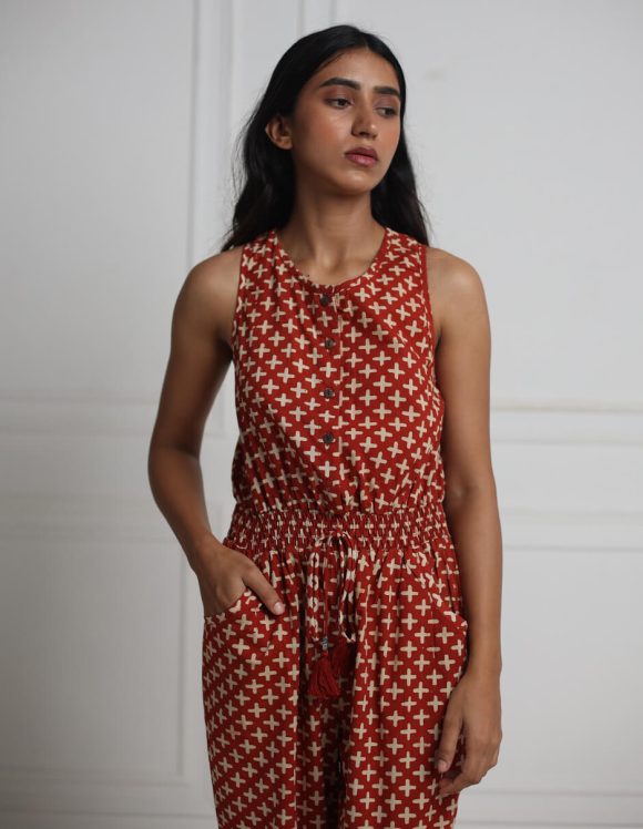 Reepeat - Iron earth Hand block printed jump suit with Razor back