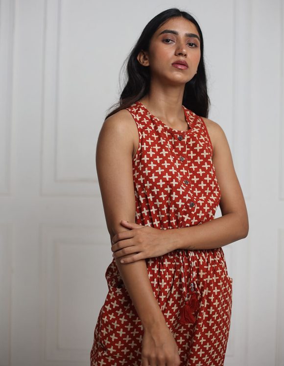 Reepeat - Iron earth Hand block printed jump suit with Razor back