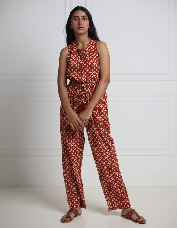 Reepeat - Iron earth Hand block printed jump suit with Razor back