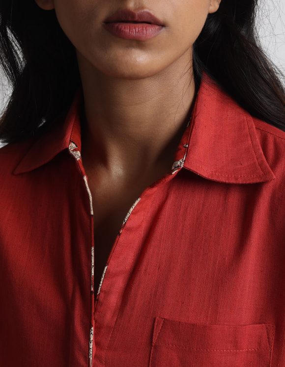 Reepeat - Madder red V-neck collared full sleeve shirt