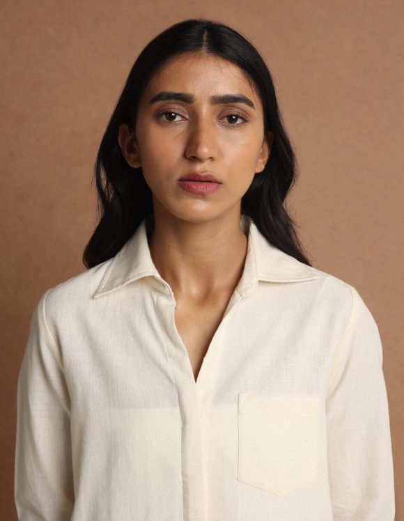 Reepeat - Nut cream V-neck collared full-sleeve shirt