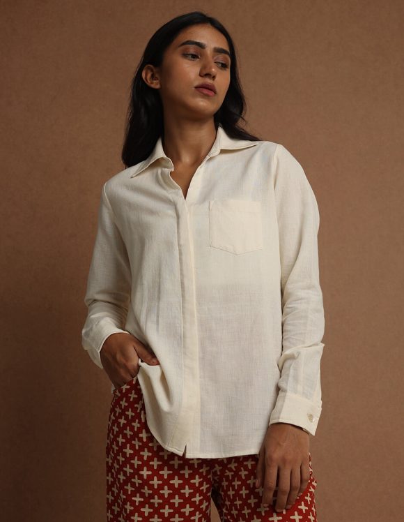 Reepeat - Nut cream V-neck collared full-sleeve shirt