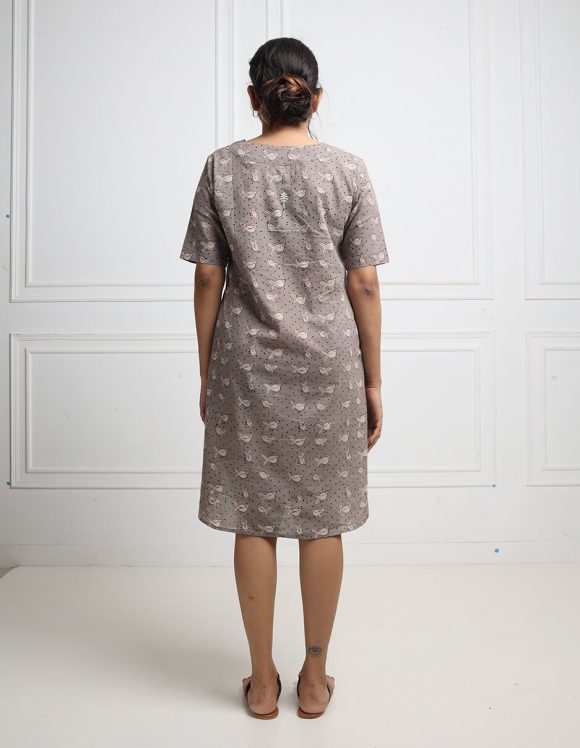 Reepeat - Oak Brown Hand block printed V neck Dress