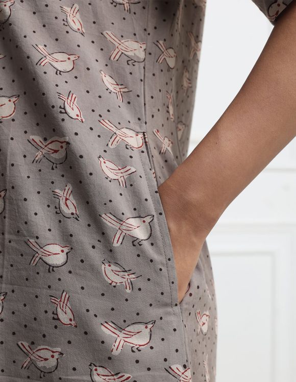 Reepeat - Oak Brown Hand block printed V neck Dress