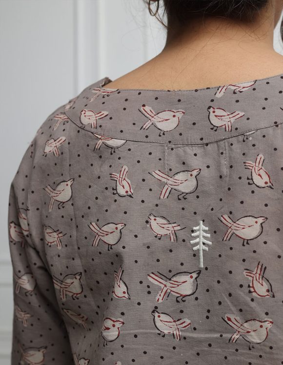 Reepeat - Oak Brown Hand block printed V neck Dress