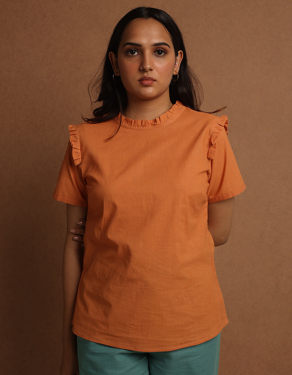 Reepeat - Ruffled neck short sleeves top (1) Reepeat - Ruffled neck short sleeves top